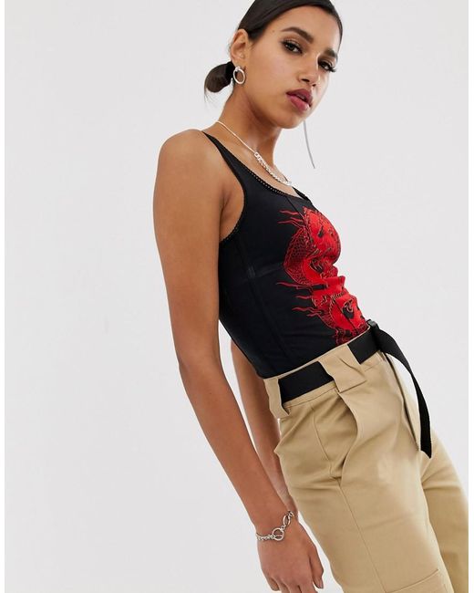 Jaded London Black Structured Corset Top With Lace Up Back And Flocked Dragon Print