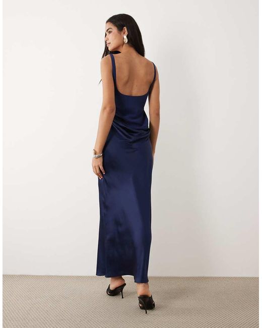 ASOS Blue Deep Scoop Neck Maxi Dress With Asymmetric Draped Skirt Overlay