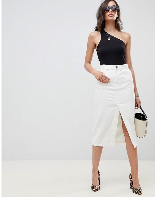 ASOS Denim Midi Skirt With Split Front In Off White | Lyst