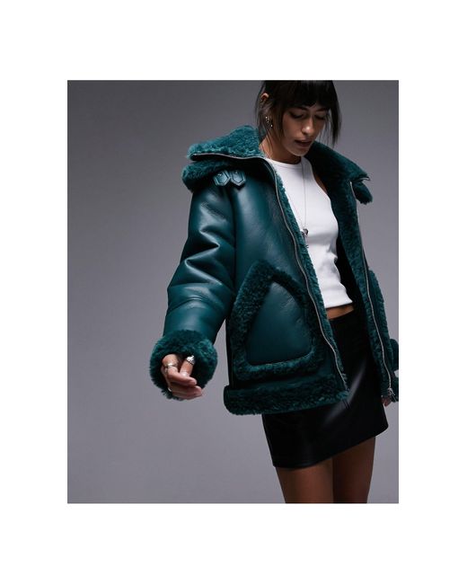Faux Leather Shearling Oversized Aviator Jacket With Double