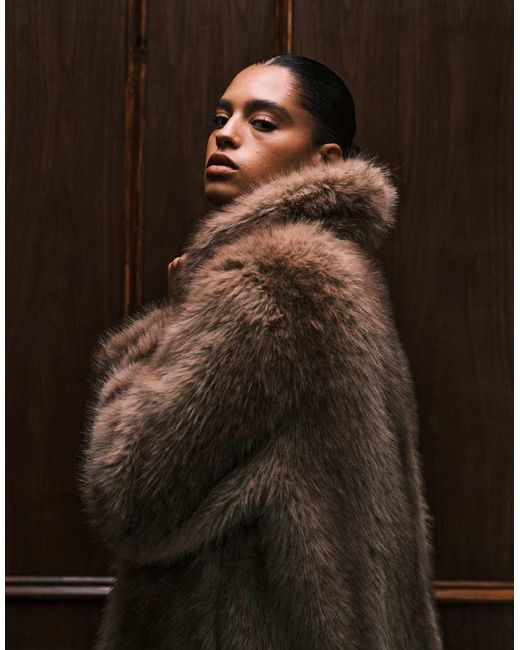 ASOS Brown Asos Design Curve Longline Tipped Faux Fur Car Coat