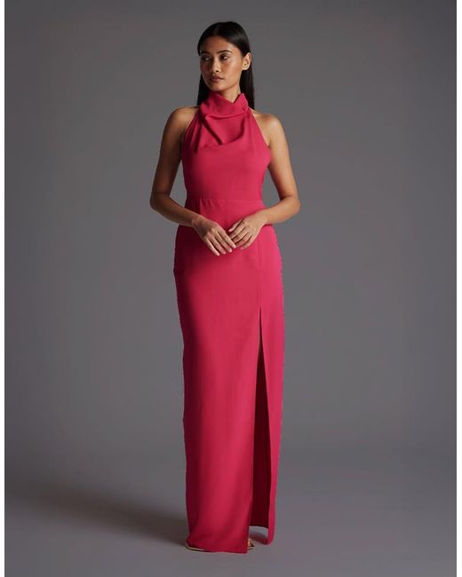 Vesper Red Cowl Neck Open Back Maxi Dress With Thigh Split