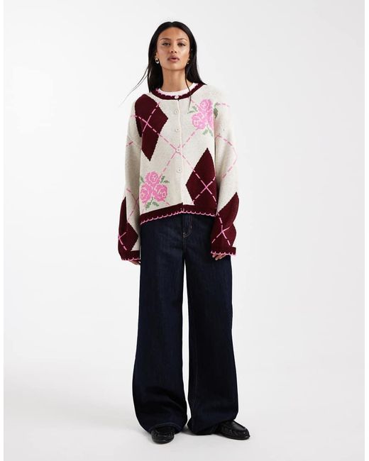 Miss Selfridge Red Blanket Stitch Argyle Cardigan