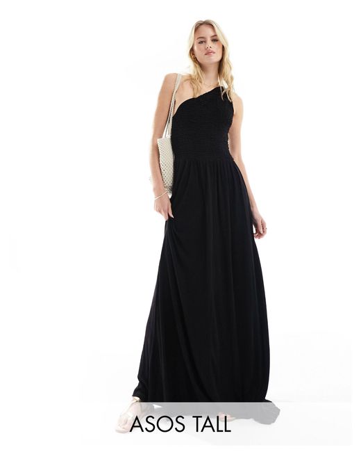ASOS Black Asos Design Tall Shirred Crinkle One Shoulder Maxi Dress