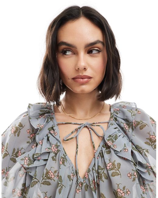 ASOS White Tie Neck Smock Top With Flare Sleeves