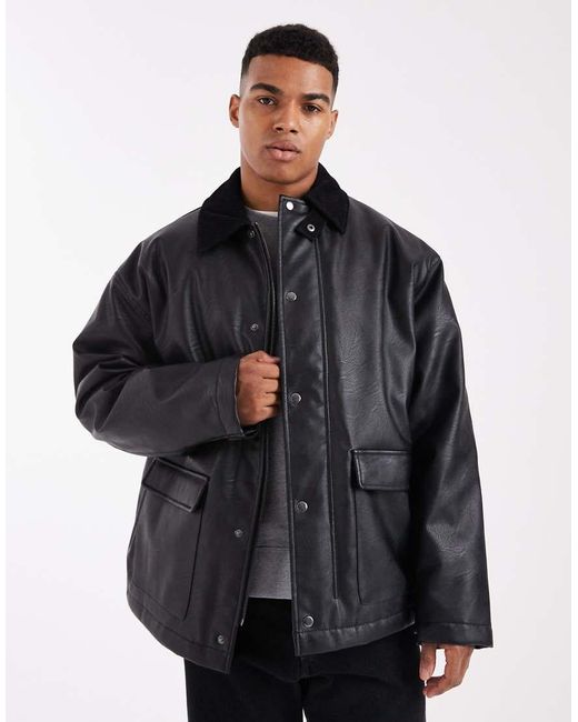 ASOS Black Oversized Barn Jacket With Cord Collar for men