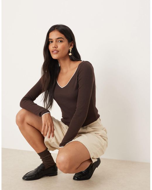 Mango Natural Contrast Tipping Long Sleeve Fine Knit Top