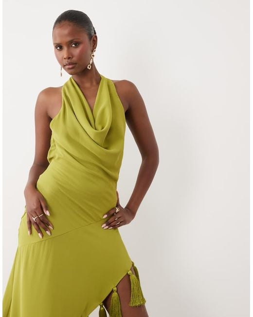 ASOS White Halter Neck Asymmetric Midi Dress With Tassel Hem