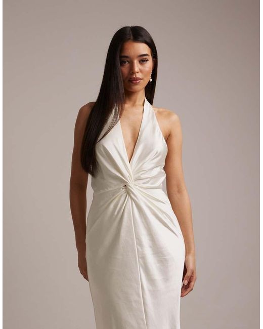 Six Stories Natural Bridesmaids Satin Plunge Neck Knot Detail Maxi Dress