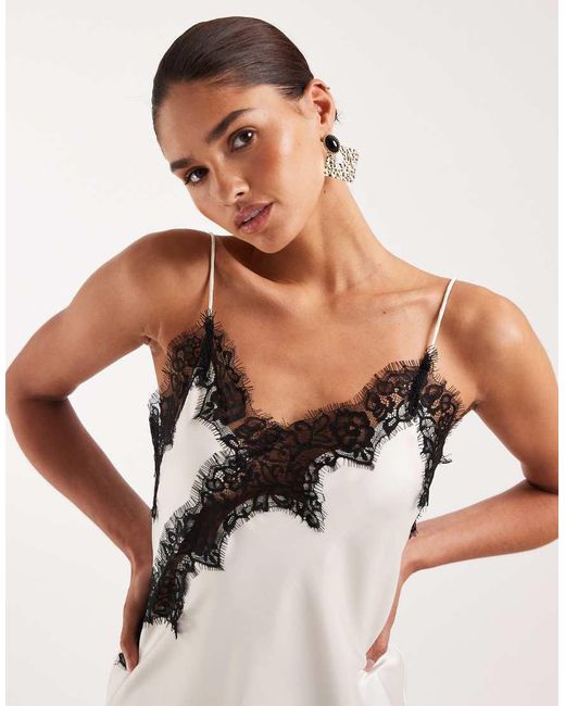 Lioness White Emerging V Neck Contrast Lace Applique Detail Asymmetric Hem Cami Top
