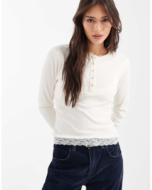 Miss Selfridge White Henley Long Sleeve Top With Lace Trim