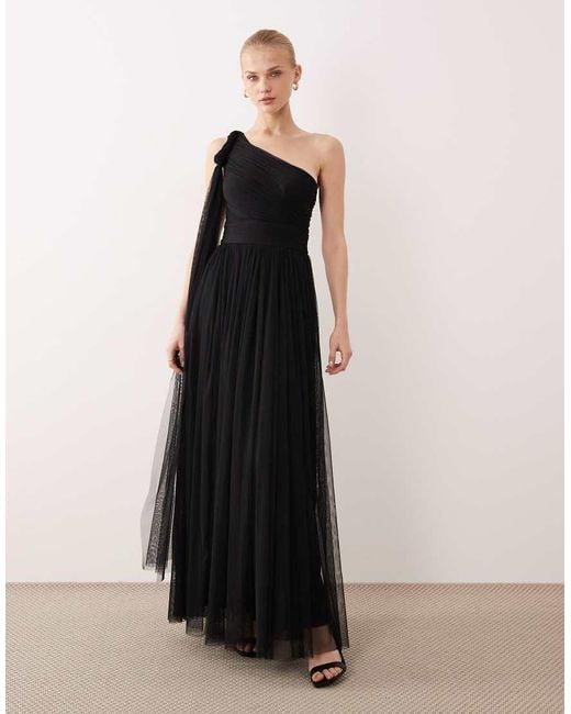LACE & BEADS Black Bridesmaid One Shoulder Scarf Neck Maxi Dress