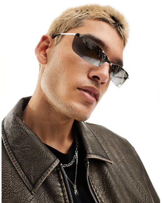 ASOS Brown Rimless Y2k Sunglasses With Metal Clip Detail for men