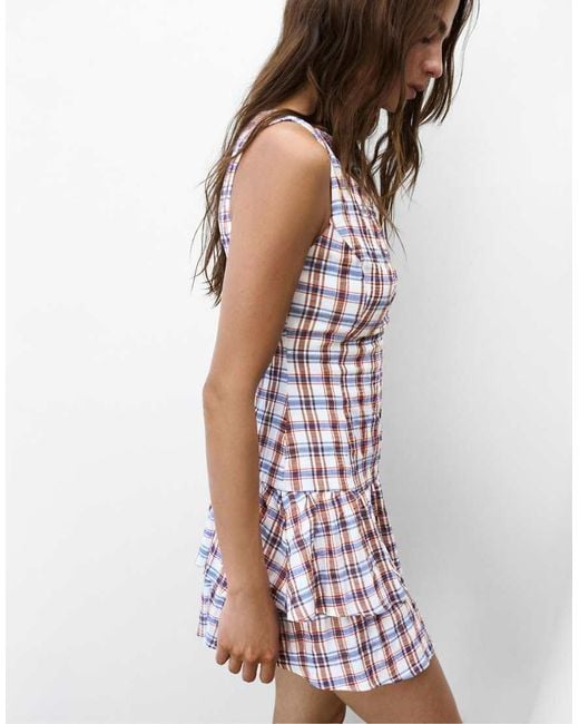 Pull&Bear White Check Ruffle Short Dress