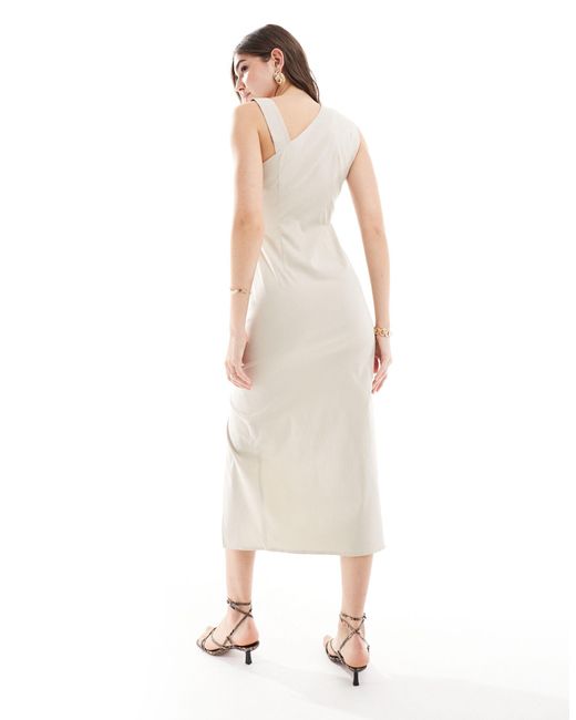 ASOS White Ruched Midi Dress With Asymmetric Neck