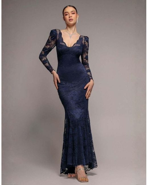 Goddiva Blue Fit & Flare Scallop Lace V Neck Maxi Dress
