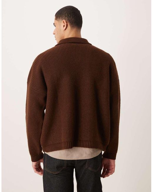 ASOS Brown Super Oversized Boxy Fit Knitted Fisherman Rib Notch Neck Jumper for men