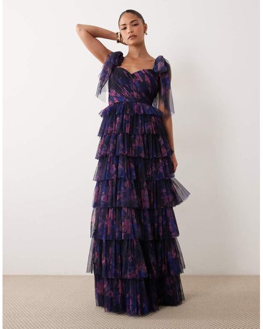 LACE & BEADS Blue Bridesmaid Bow Shoulder Tulle Maxi Dress