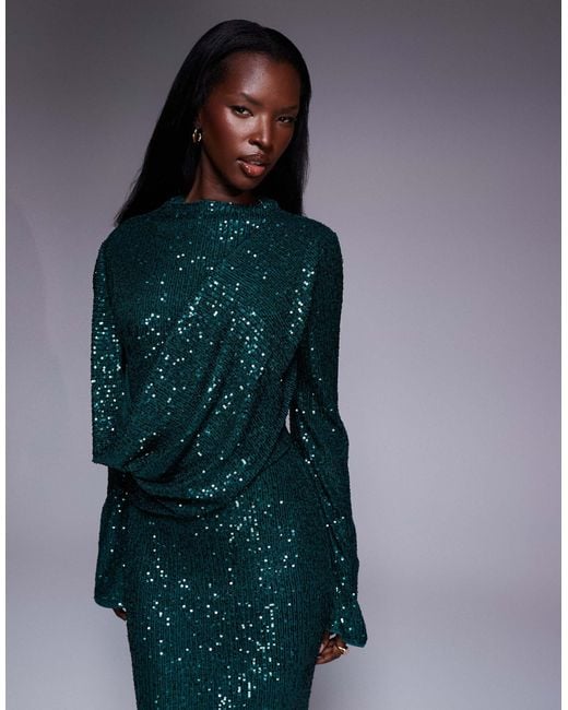 ASOS Blue All Over Sequin Long Sleeve Wrap Front Detail Maxi Dress