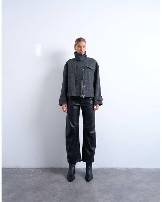 TOPSHOP Blue Wool Blend Bomber Jacket With Tab Detail