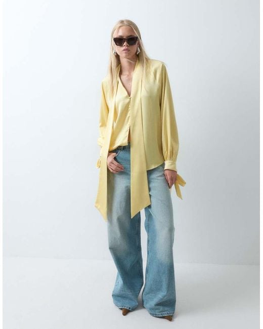 ASOS Multicolor Satin Tie Cuff Tie Neck Button Down Blouse