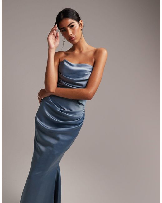 ASOS Blue Satin Bandeau Bridesmaid Maxi Dress