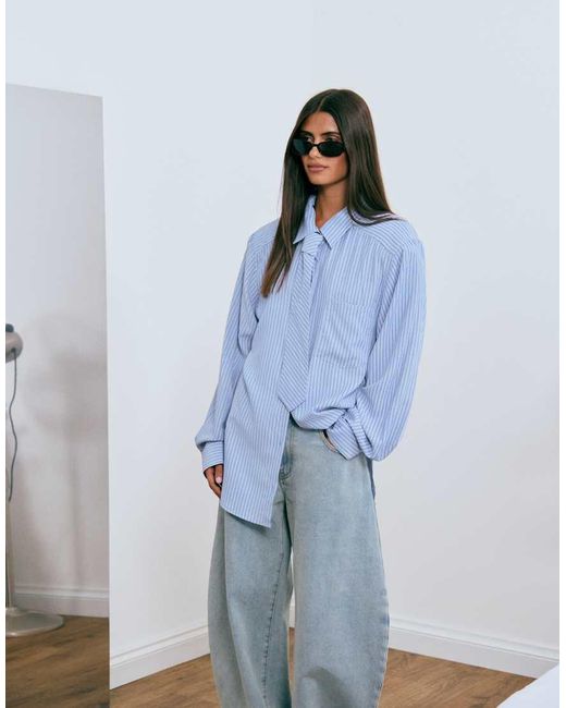 Lioness Blue Exclusive Chelsea Cotton Oversized Shoulder Pad Detail Shirt With Tie