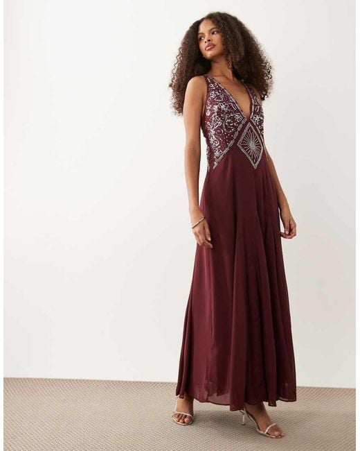 Abercrombie & Fitch Red Plunge Neck Maxi Dress With Cross Back Detail