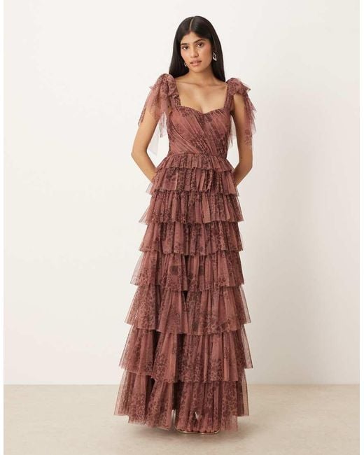 LACE & BEADS Multicolor Tulle Bow Shoulder Midi Dress