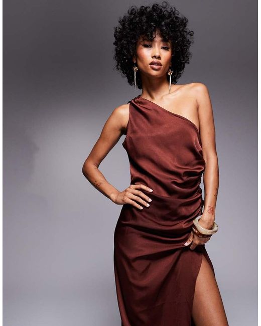 ASOS Purple One Shoulder Satin Ruched Side Midi Dress