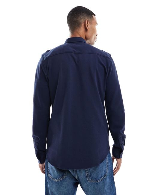 Threadbare Blue Cotton Mix Long Sleeve Pique Shirt for men
