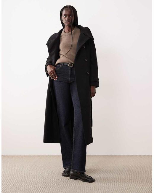 Gina Tricot Black Wool Belted Midaxi Coat With Funnel Neck Detail