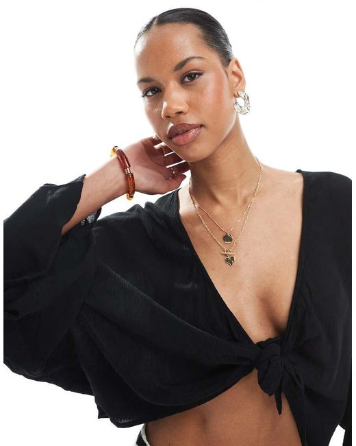 ONLY Black Textured Tie Front Floaty Top