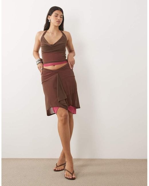 Motel Brown Branjali Cowl Neck Pink Lace Hem Top