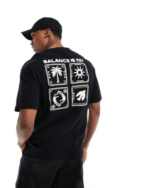 SELECTED Black Oversized T-shirt With Balance Palm Placement Back Print for men