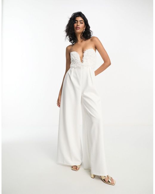ASOS 2 In 1 Plunge Fluffy Bodice Jumpsuit In Cream in White | Lyst