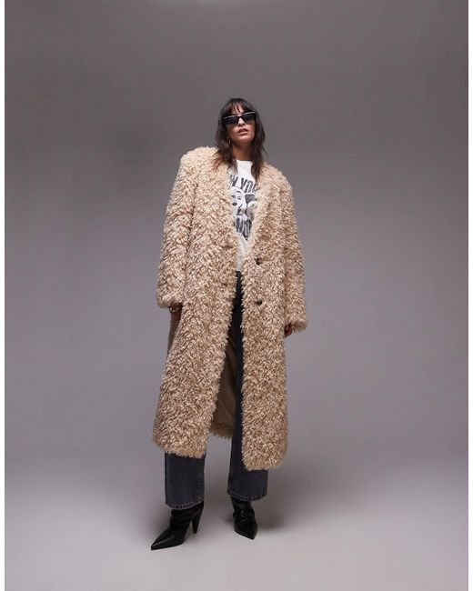 TOPSHOP Gray – kragenloser, langer mantel aus kunstpelz