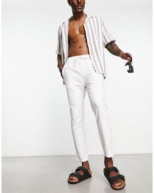 Only & Sons White Linen Mix Tapered Fit Trousers for men