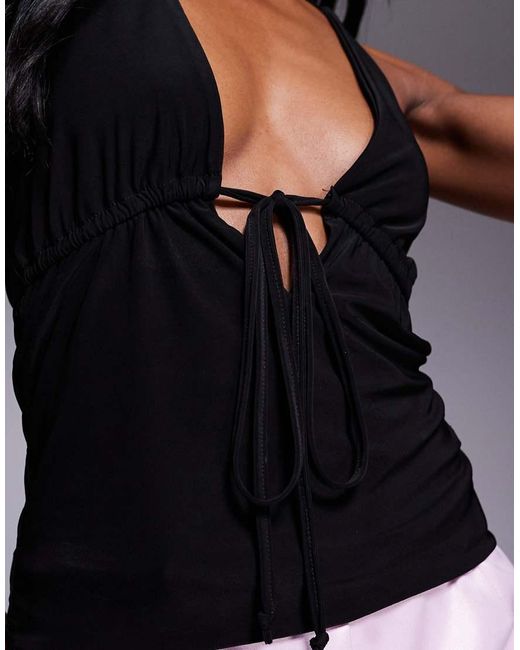Fashionkilla Black Double Sculpted Slinky Plunge Tie Front Halterneck Top