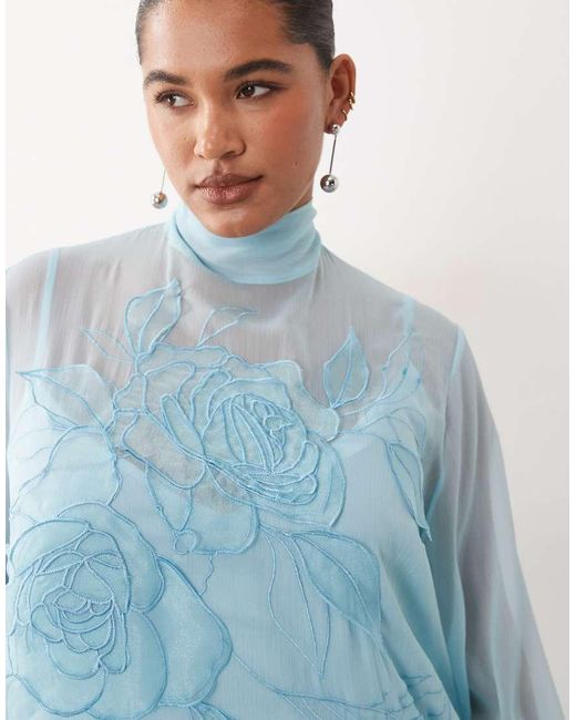 ARRANGE Blue Curve Applique Floral Tie Neck Blouson Sleeve Trapeze Maxi Dress