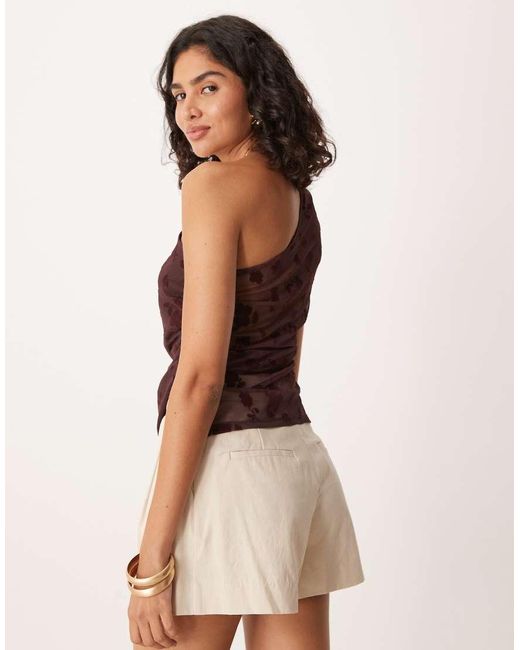 ASOS Brown Asymmetric Draped Flocked Burn Out Floral Sheer Top