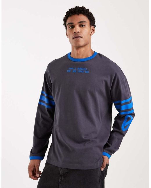 ASOS Blue Oversized Long Sleeve T-Shirt With Print And Contrast Collar for men