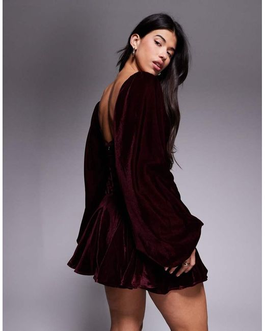 ASOS Purple Velvet Corset Detail Blouson Sleeve Mini Dress