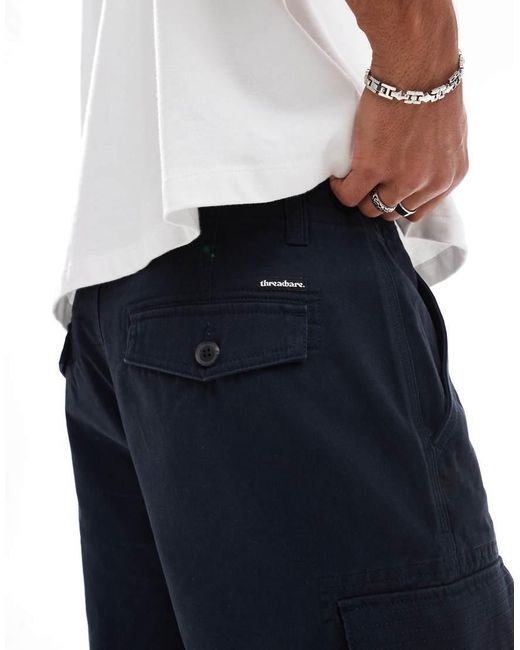 Threadbare Blue Cotton Twill Longline Cargo Shorts for men