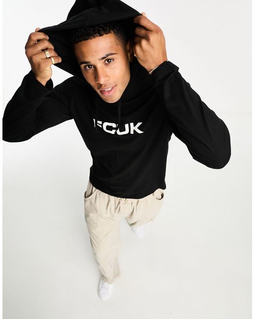 French Connection Black Fcuk Long Sleeve T-shirt With Hood for men