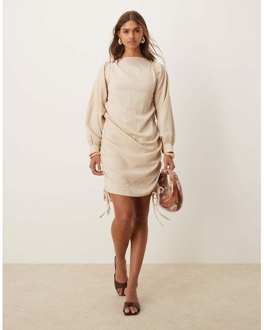 Ghospell Natural Ines Ruched Drawstring Mini Dress