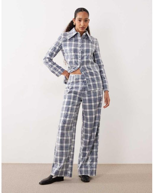 Ghospell White Maya Sequin Tartan Print Wide Leg Trouser Co-Ord