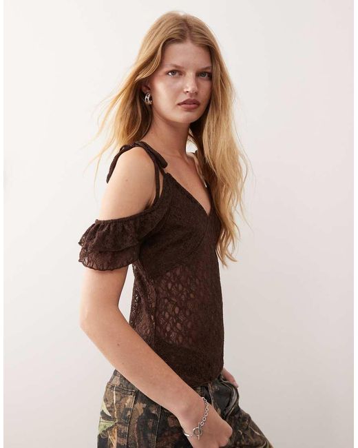 Reclaimed Vintage Brown Lace Cami Lace Top With Sleeve Detail