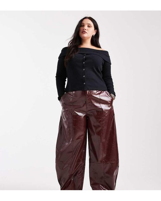 ASOS Red Curve Faux Leather Barrel Leg Trousers With Tab Detail
