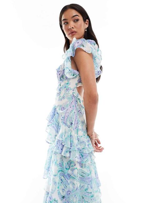 ASOS Ruffle Dropped Waist Tiered Maxi Dress in Blue | Lyst UK
